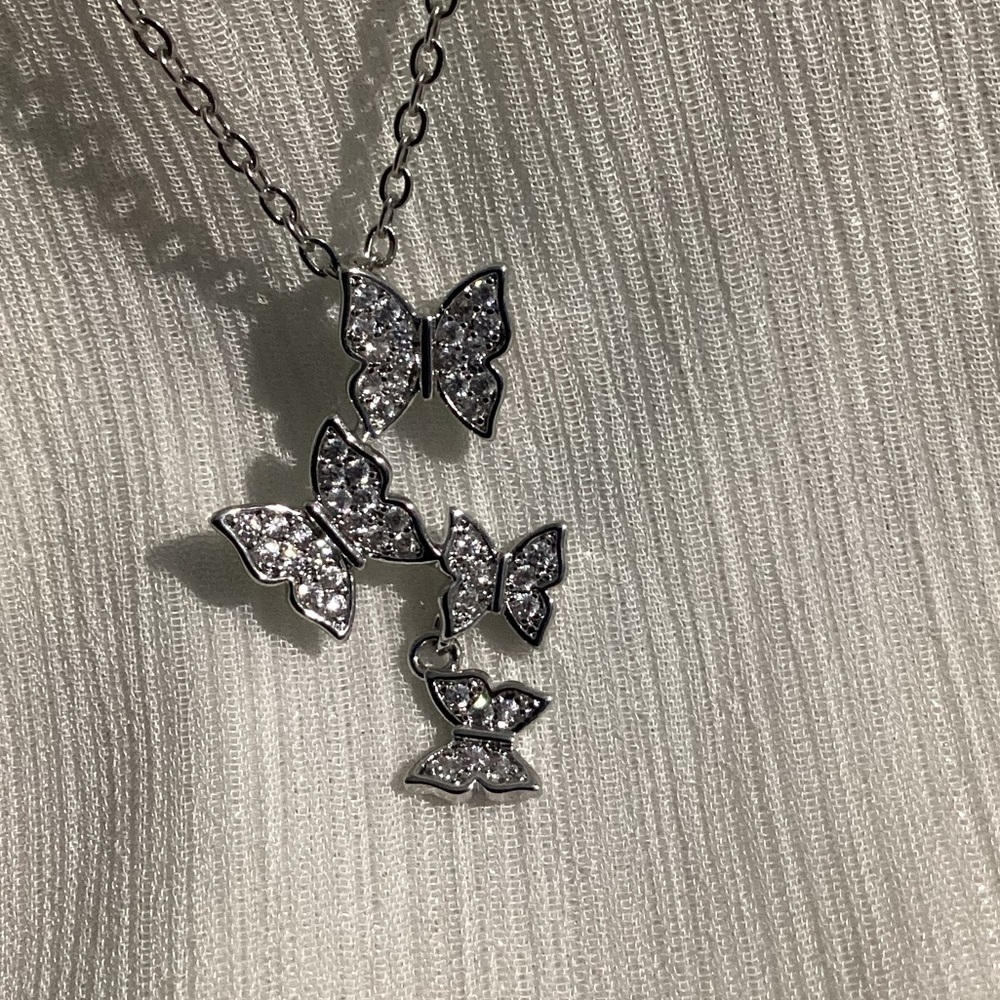 🦋 Sparkling Silver Cz Diamond cascading Butterfly Charm necklace